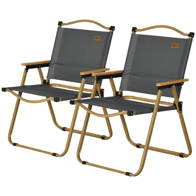 Outsunny Campingstoelen, 2 x Strandstoel, Opvouwbaar, Staal, In Houtlook, Donkergrijs