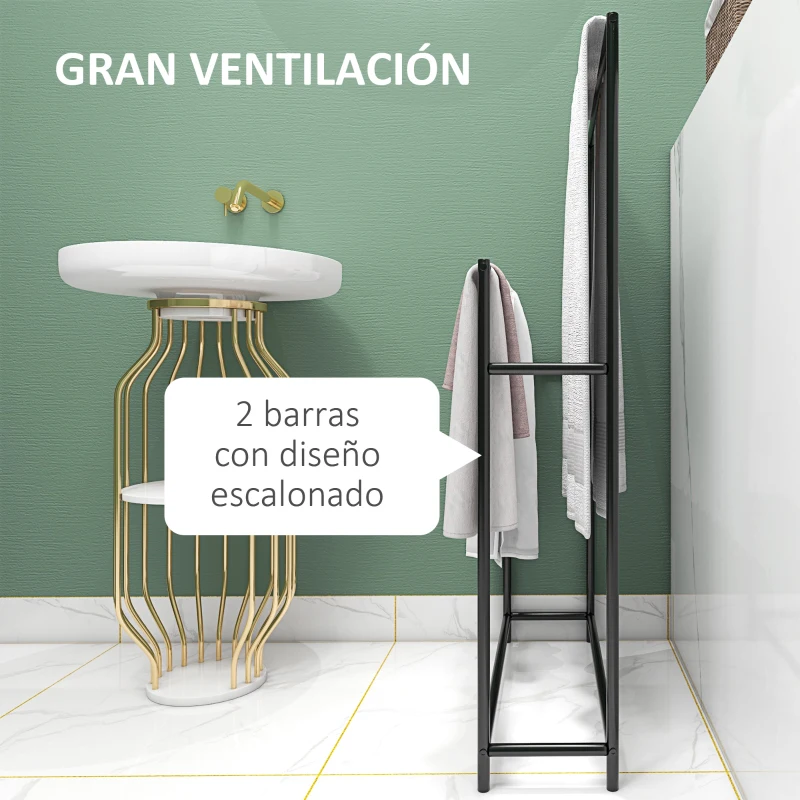 HOMCOM Toallero de Pie con 2 Barras y Marco Metálico Toallero de Baño Moderno 66x20x110 cm Negro