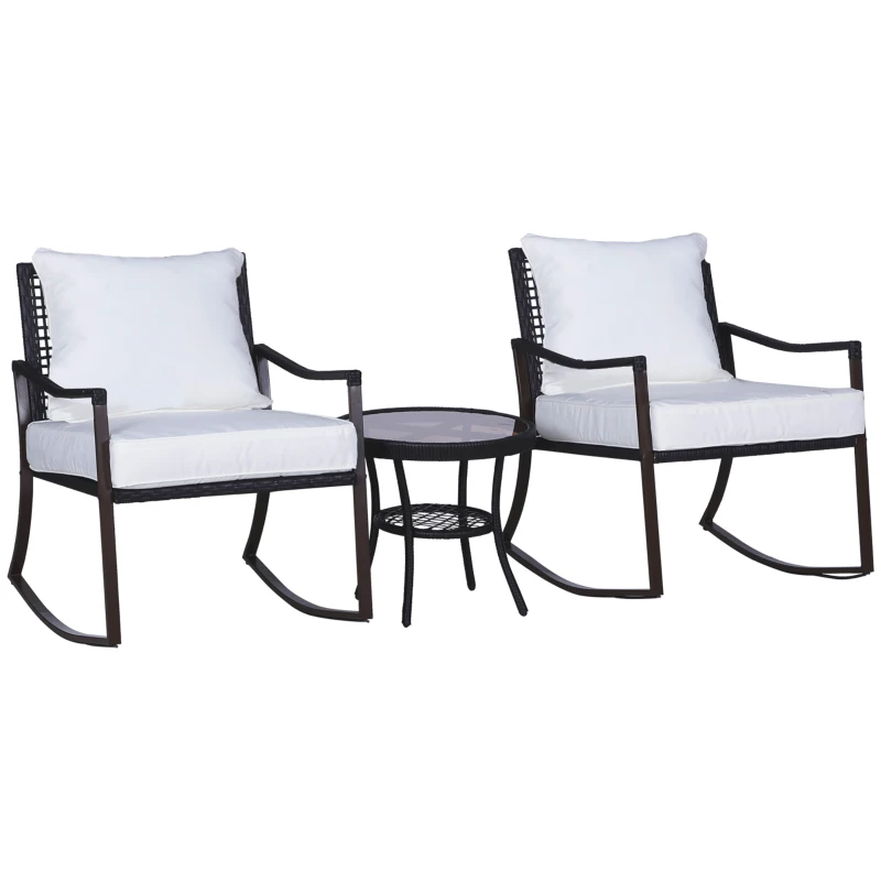 Outsunny Conjunto de Muebles de Ratán para Jardín Patio Hotel con Mesa Ø51x46 cm y 2 Sillas Mecedoras 65,5x76x82,5 cm con Cojines Lavables y Almohadas Blanco y Marrón