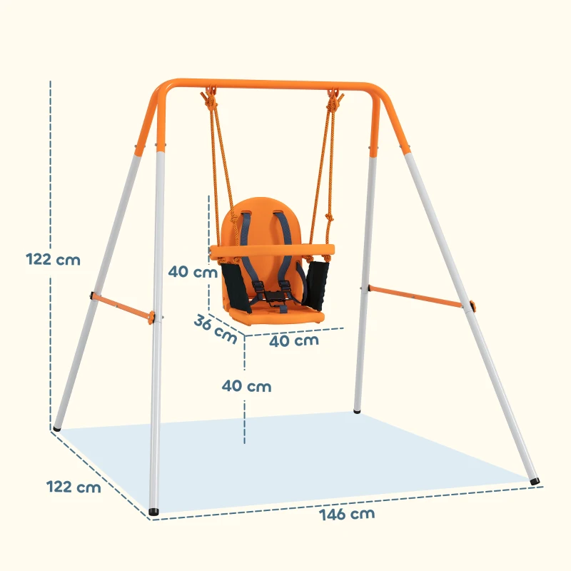 Outsunny Baloiço Infantil de Aço para Crianças dos 6 aos 36 Meses com Encosto Alto e Arnês de Segurança 122x146x122 cm Laranja