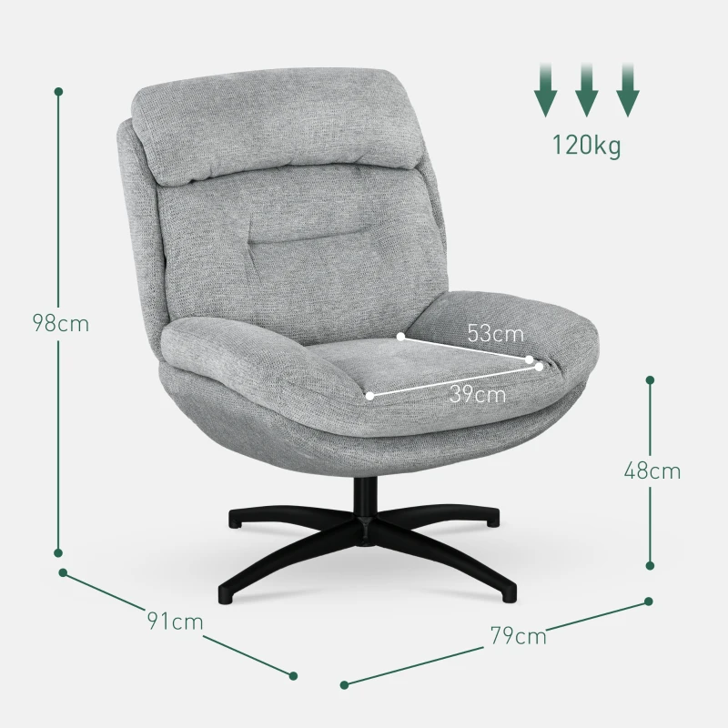 HOMCOM draaibare loungestoel voor de woonkamer, brede zitting, dikke kussens, comfortabele relaxstoel in chenille-look, waterafstotend, ideale leesstoel voor het slaapkamer, grijs