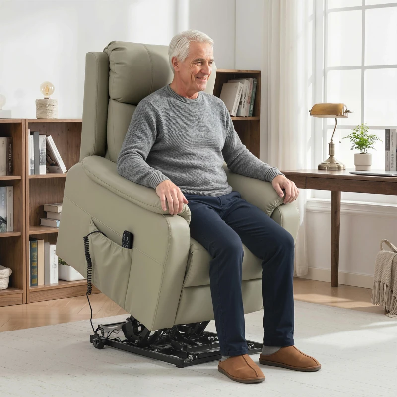 HOMCOM Poltrona Elettrica Alzapersona Reclinabile 170° in Pelle Finta Traspirante con 2 Motori, Telecomando, 4 Ruote, Freno, Poggiapiedi, Tasche Laterali, Crema