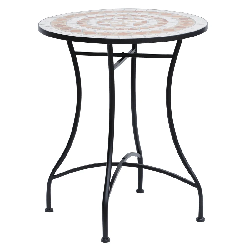 Outsunny Mesa de Jardín Redonda Mesa de Terraza Exterior Ø60x71 cm con Encimera de Mosaico Decorativo Carga 100 kg Mesa para Exterior Patio Naranja y Blanco