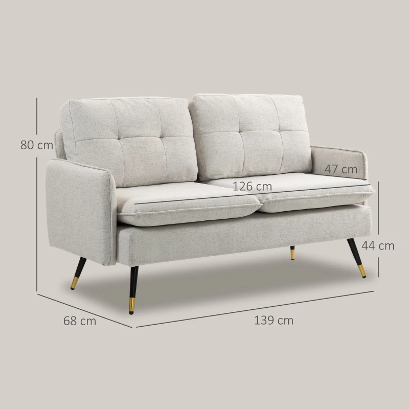 HOMCOM Sofá de Salón de 2 Plazas Moderno con 4 Cojines Reposabrazos y Patas de Acero Carga 240 kg 139x68x80 cm Crema