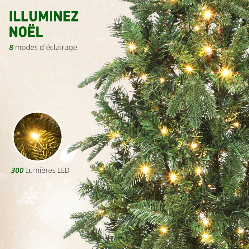 HOMCOM Sapin de Noël artificiel 210 cm, arbre de Noël slim avec 300 lumières 8 modes d'éclairage 826 branches articulées, vert