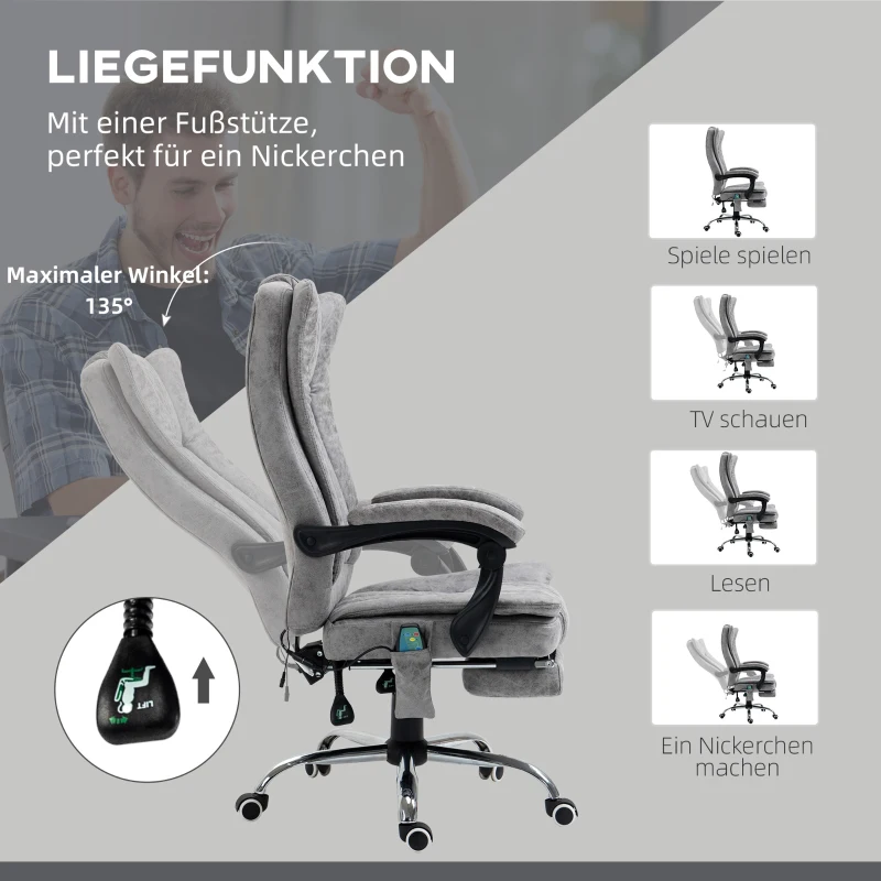 HOMCOM Ergonomische bureaustoel comfortabele grote massage met verwarmingsfunctie ligfunctie voetensteun thuis grijs