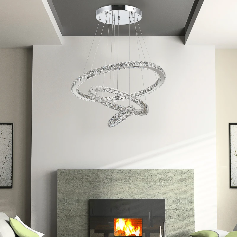 HOMCOM Lampadario a Sospensione con 3 Anelli Regolabili, Luci a LED e Cristalli, Ø60 x 110cm