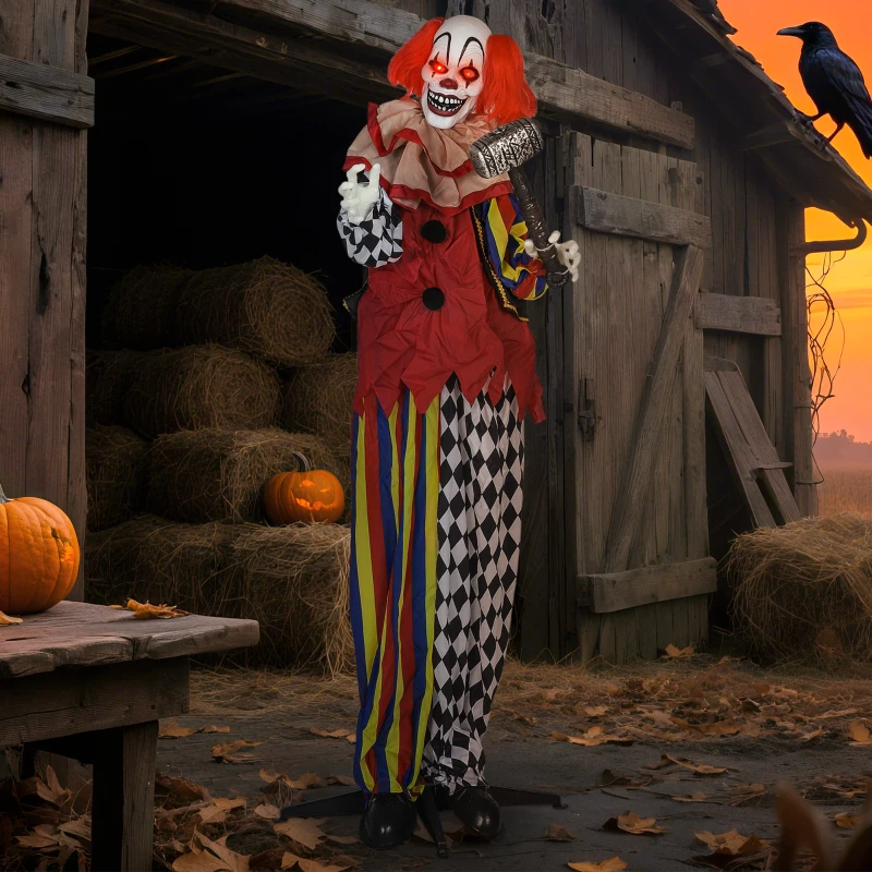Outsunny 173 cm Life Size Halloween Animated Standing Clown & Hammer with Red Light Up Eyes, Sound Activated Moving Arms & Head, Scary Clown Halloween Decorations, Battery Operated, Indoor Party Props