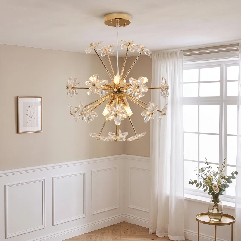 HOMCOM Crystal Chandeliers Ceiling Light with Flower, Modern Pendant Light with Adjustable Height, Ceiling Plate, Clear