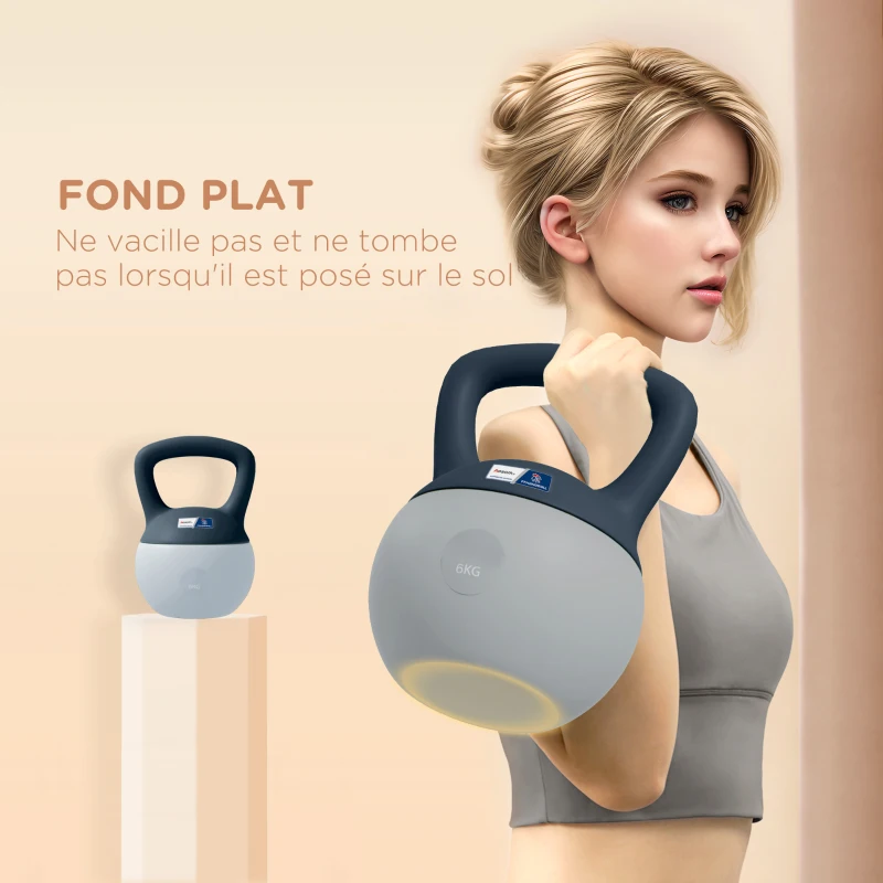 Kettlebell 6kg - Collaboration Aosom.fr x FFHandball - haltère avec poignée antidérapante, gris et bleu