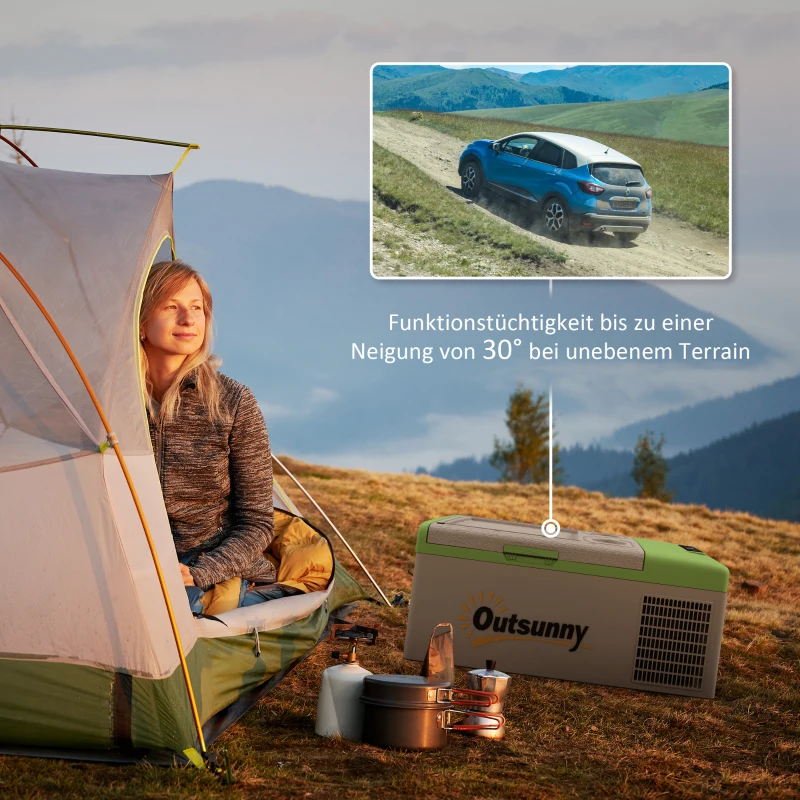 Outsunny Auto Koelkast, Koelbox, 16L, -20℃ tot 10℃, ECO/MAX, 60x32x26cm, Groen/Grijs