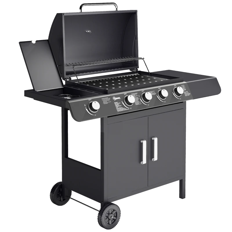 Outsunny Barbacoa de Gas con 4+1 Quemadores 14,4 KW Mesas Laterales Armario de Almacenaje Termómetro y 2 Ruedas Acero Inoxidable BBQ 125x51x100 cm Negro