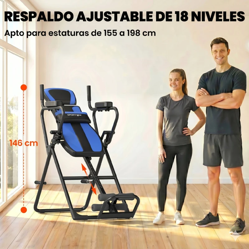 SPORTNOW Tabla de Inversión Plegable con Dominadas y Flexiones Altura Ajustable 155-198 cm Ángulos 20° 40° 60° Cinturón Azul