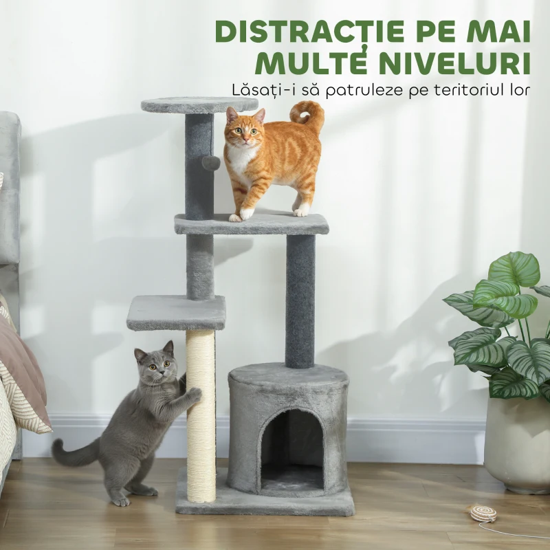 PawHut Copac pentru Pisici, cu mai multe niveluri, înalt de 103 cm, cu stâlpi pentru zgâriat din sisal, căsuță și bilă din pluș, gri