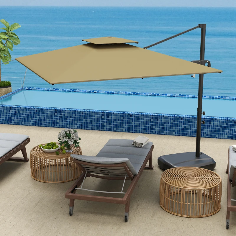 Outsunny Cantilever Parasol with Weighted Base Double Top Garden Parasol Square Hanging Patio Umbrella with Crank Tilt Khaki