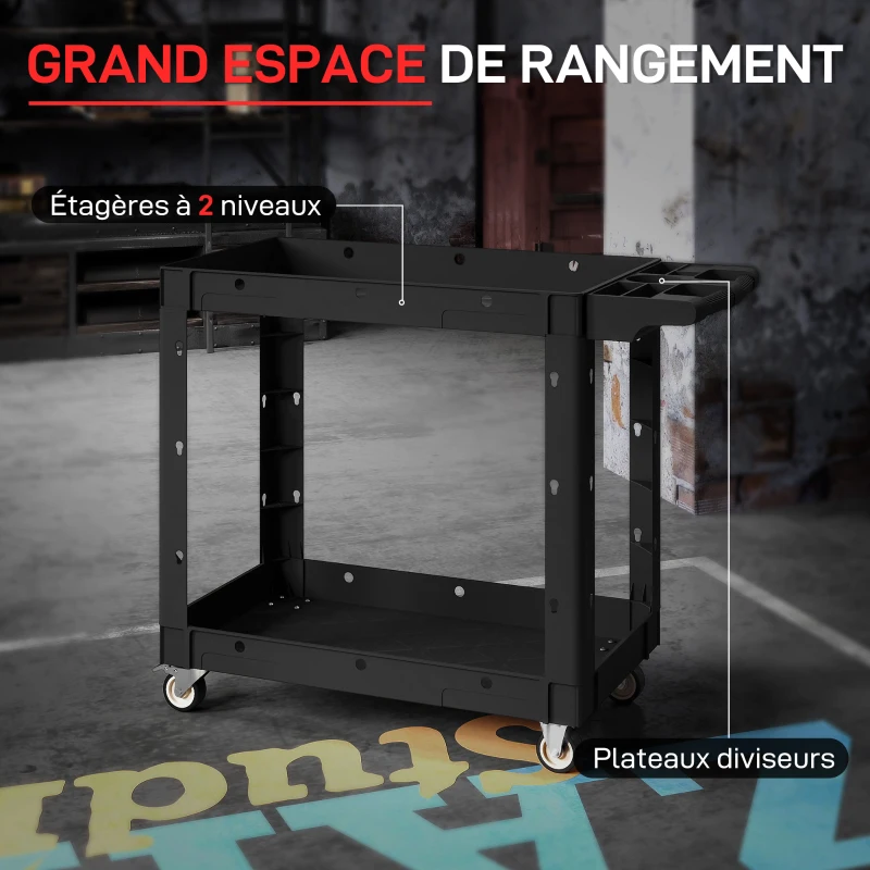 HOMCOM Chariot d'atelier servante atelier à 2 niveaux avec poignée latérale pour garage, entrepôt, outils de bricolage, noir