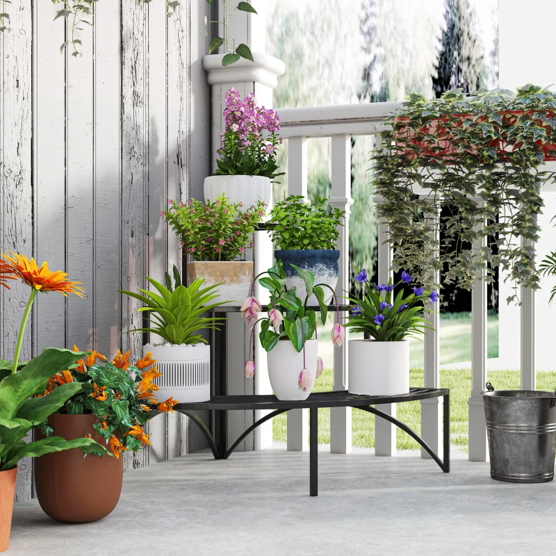 Outsunny Eckpflanzenständer, Blumenständer mit 3 Ebenen, Metall, für drinnen und draußen, Blumentopfständer, Schwarz