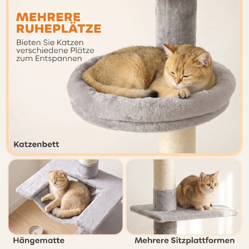 PawHut Plafondhoge krabpaal 230–260 cm, verstelbaar, met 5 niveaus, 3 dikke sisalpalen en sisal krabmat