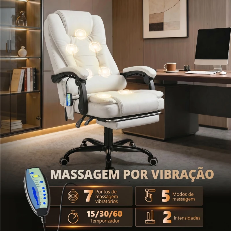 Vinsetto Cadeira de Escritório com 7 Pontos de Massagem com Apoio para os Pés Retrátil, Altura Ajustável, Comando Remoto e Tecido PU Branco