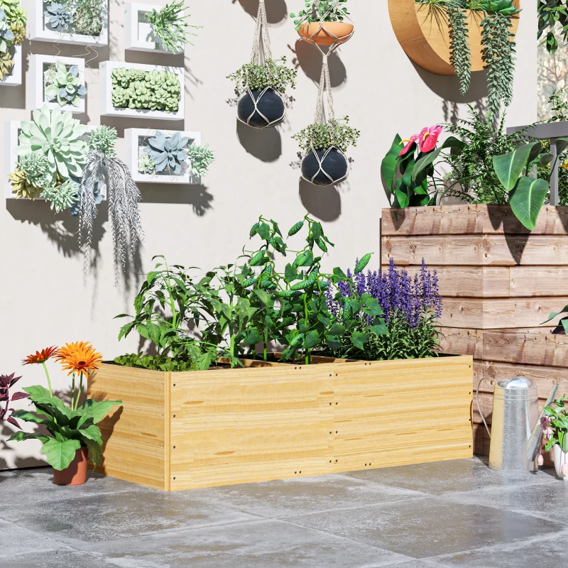 Outsunny Jardinière extérieur, carré potager en bois, 3 compartiments de plantation et doublure inclus, 140x60x40cm, naturel