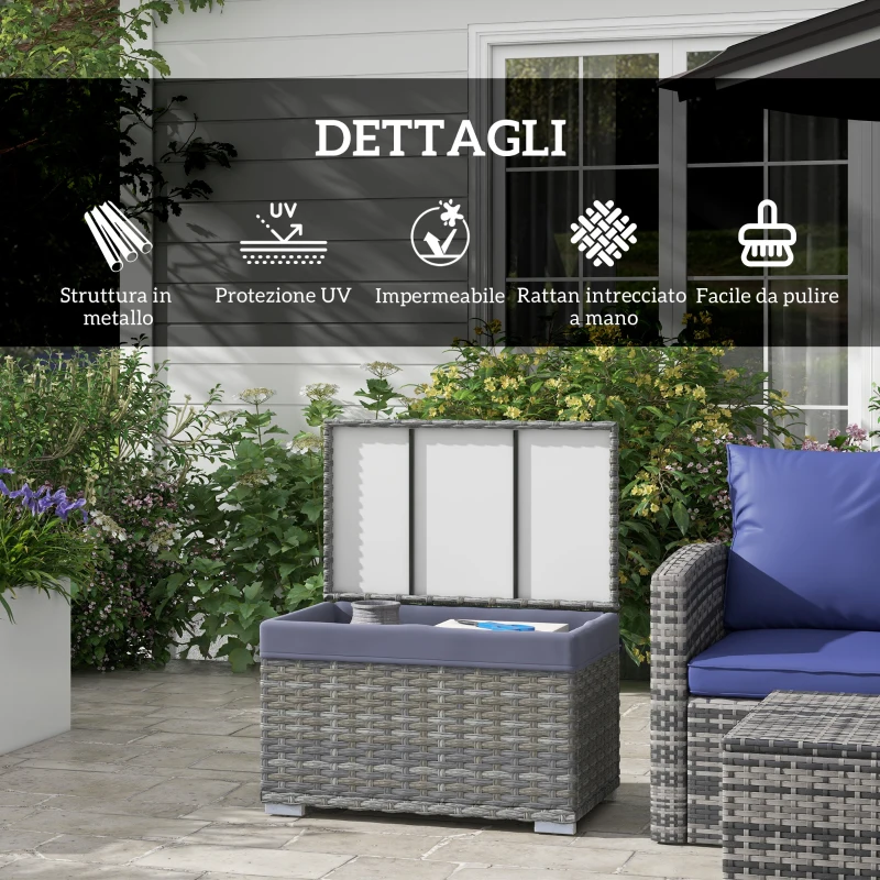 Outsunny Baule da Giardino in Rattan PE con Rivestimento Interno in Tessuto Impermeabile, 76x45x48 cm, Grigio