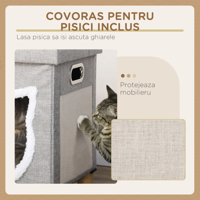 PawHut Căsuță pentru Pisici cu Covoraș pentru Zgâriat, Pernă și Minge, din Lemn și Poliester, 35.5x35.5x42.5 cm, Crem și Gri