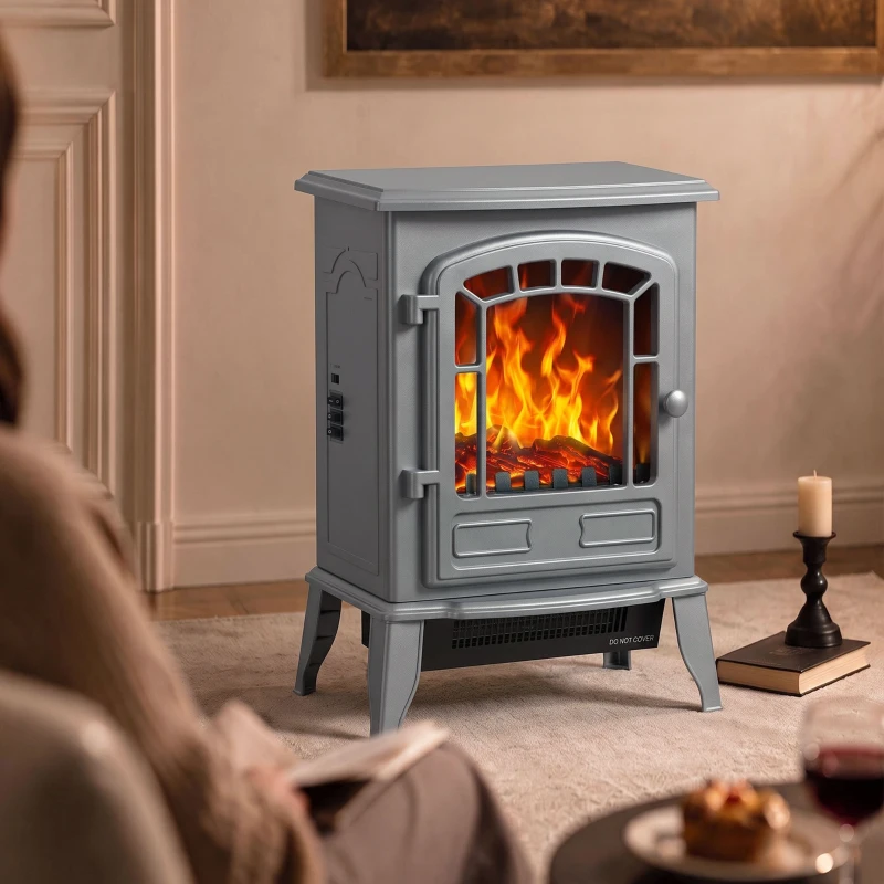 HOMCOM Electric Fireplace Stove, 1000W/2000W, Freestanding Electric Fire with LED Flame Effect, Adjustable Thermostat, Grey