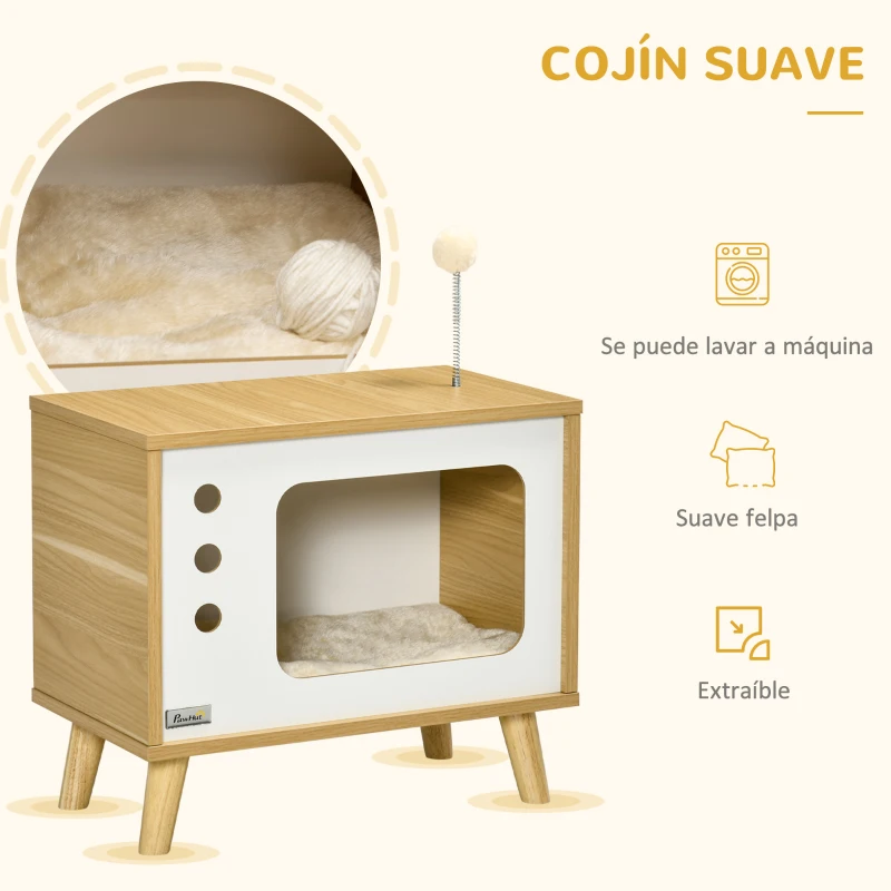 PawHut Cama Cueva para Gatos Estilo Televisor con Cojín Lavable y Bola de Juguete 50x28x43 cm Roble