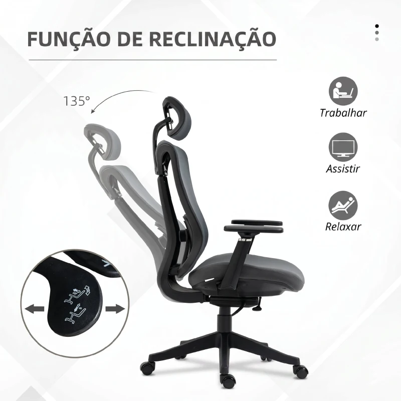 Vinsetto Cadeira de Escritório em Malha com Apoio de Cabeça Ajustável, Apoio Lombar e Apoios de Braços 3D, 70x66x128 cm, Cinzento