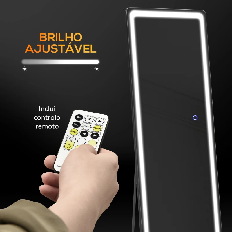 HOMCOM Espelho de Pé com Luzes LED Controlo Remoto 3 Cores de Luzes Ajustável Brilho Ajustável 40x51x156,5cm Prata e Preto