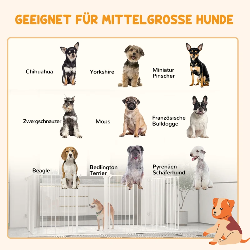 PawHut 2-in-1 Puppyren en Barrière, 8 Panelen, Vergrendelbare Deur, Staal, 90 cm Hoog, Wit(m-7)