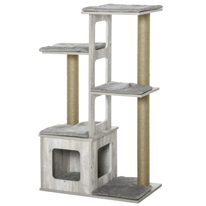 PawHut kattenboom krabpaal kattenmeubel, activity center klimrek pluche grijs