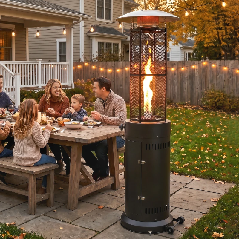 Outsunny 11 KW Freestanding Gas Patio Heater, Adjustable Outdoor Garden Propane Heater with Tip-Over Switch, Wheels, Pulse Ignition, Tank Room with Openable Door, Black