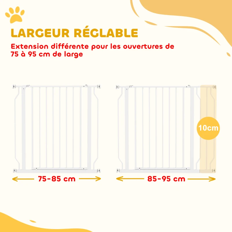 PawHut Barrière de sécurité chien barrière extensible 75-95 x 76 cm barrière escaliers couloirs portes sans perçage en acier et ABS blanc