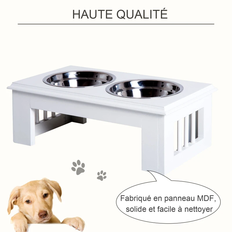 PawHut Gamelles chiens surélevées gamelle double chien chat Porte-gamelles surélevé dim. 44L x 24l x 15H cm 2 gamelles 0,9L acier inox. incluses bois blanc