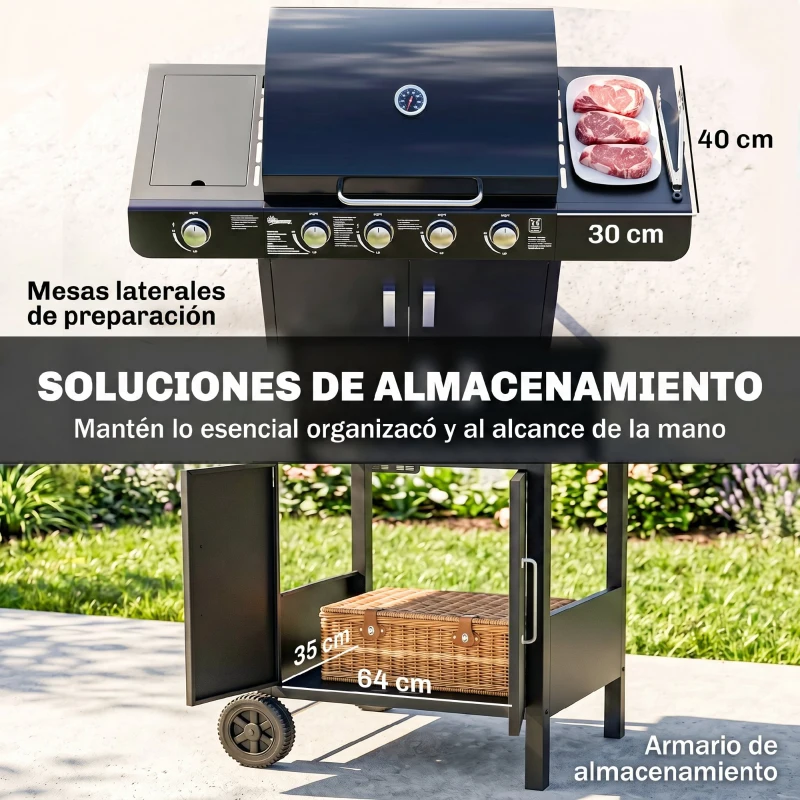 Outsunny Barbacoa de Gas con 4+1 Quemadores 14,4 KW Mesas Laterales Armario de Almacenaje Termómetro y 2 Ruedas Acero Inoxidable BBQ 125x51x100 cm Negro