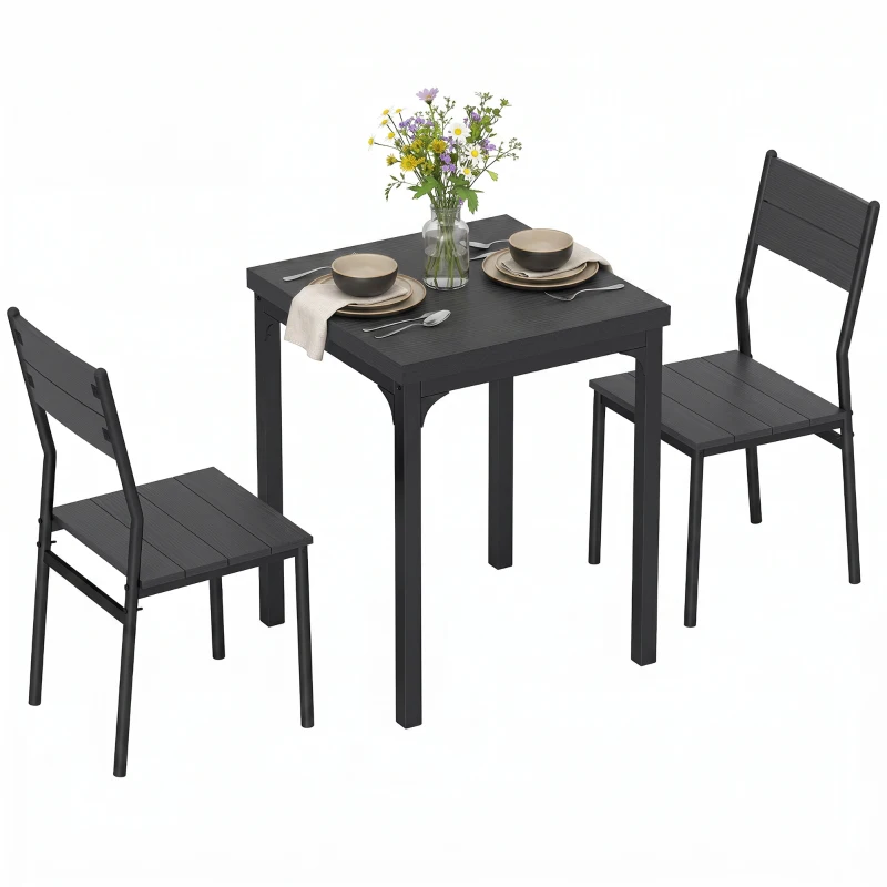 HOMCOM 3 Piece Space-Saving Kitchen Table and Chairs, Dining Table Set for 2 with Metal Legs, Black Wood Effect