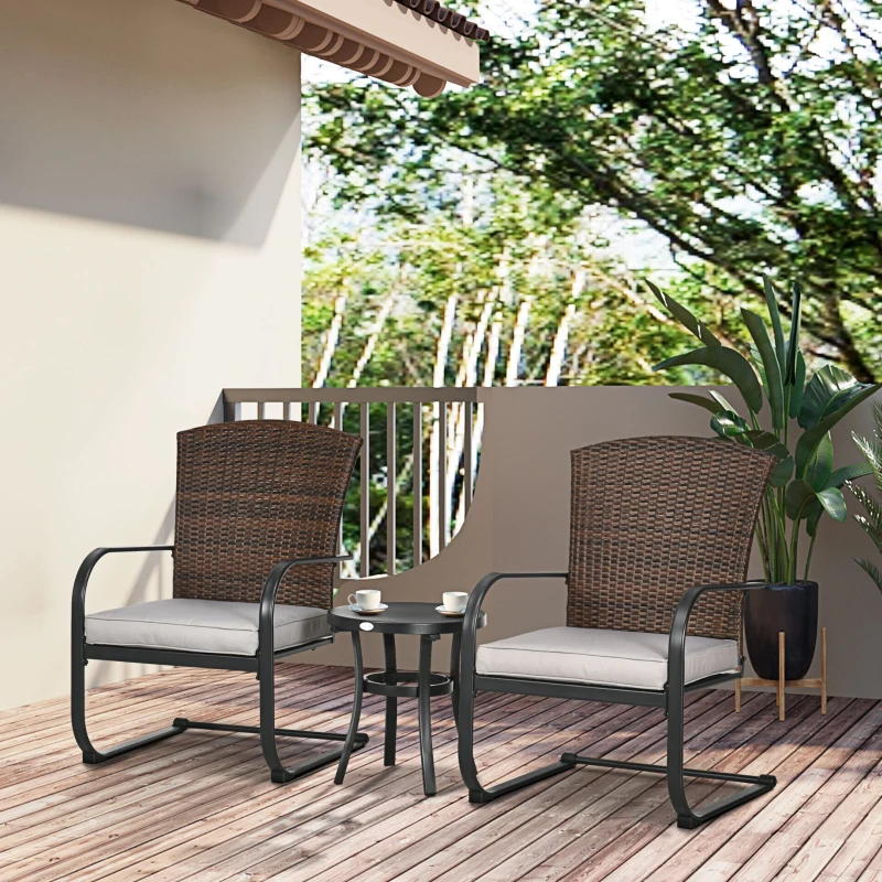 Outsunny Rattan Gartenmöbel-Set für 2 Personen inkl. Couchtisch und 2 Schaukelstühle, mit Kissen, Stahl, Braun