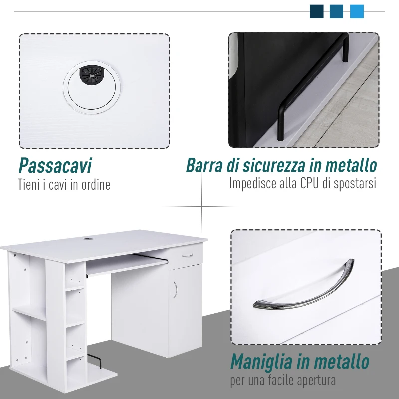 HOMCOM Scrivania per PC Ergonomica con Mensole, Armadietto, Cassetto e Piano Tastiera Estraibile, Bianca, 120x60x74cm