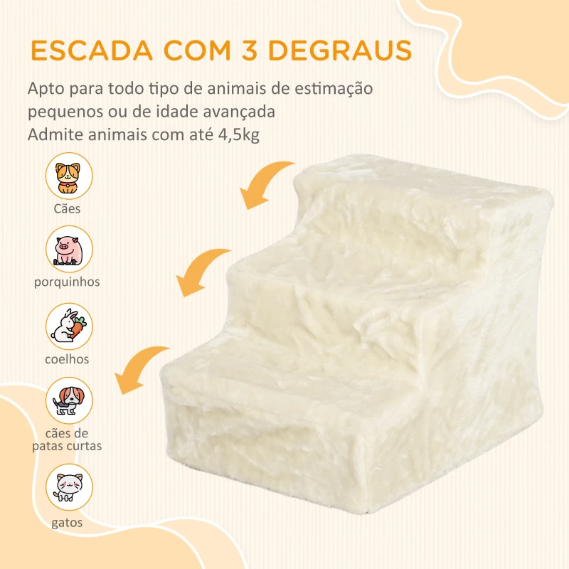 PawHut Escada para Cães de 3 Degraus com Capa Removível e Lavável Rampa para Cães para Cama Sofá 46x35x35 cm Bege