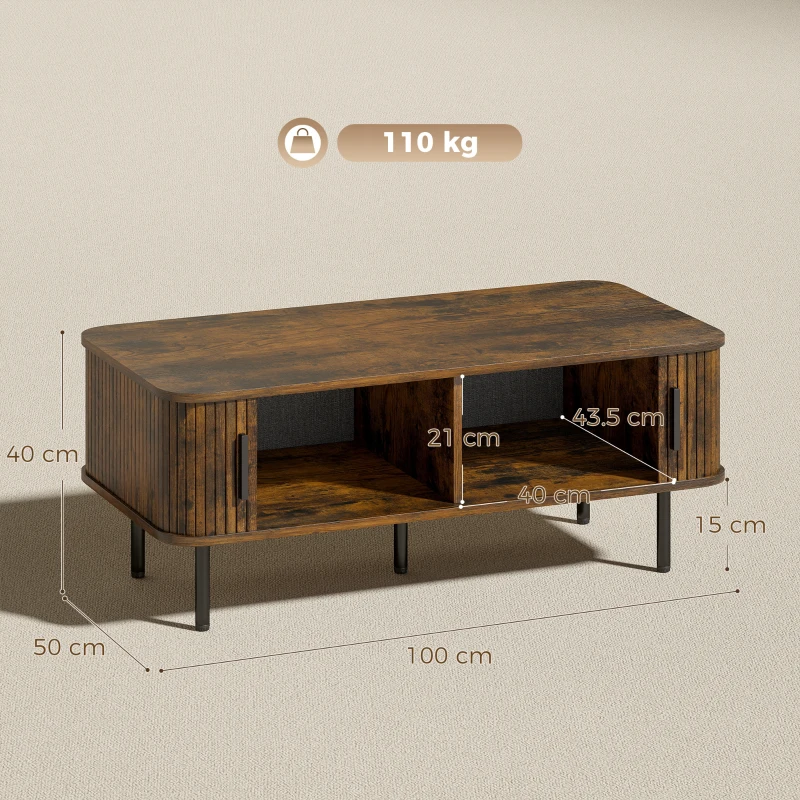 HOMCOM Coffee Table with Storage, Living Room Table with Slatted Tambour Sliding Doors and Adjustable Foot Pads, Rectangular Coffee Table with Elevated Base for Living Room, Rustic Brown