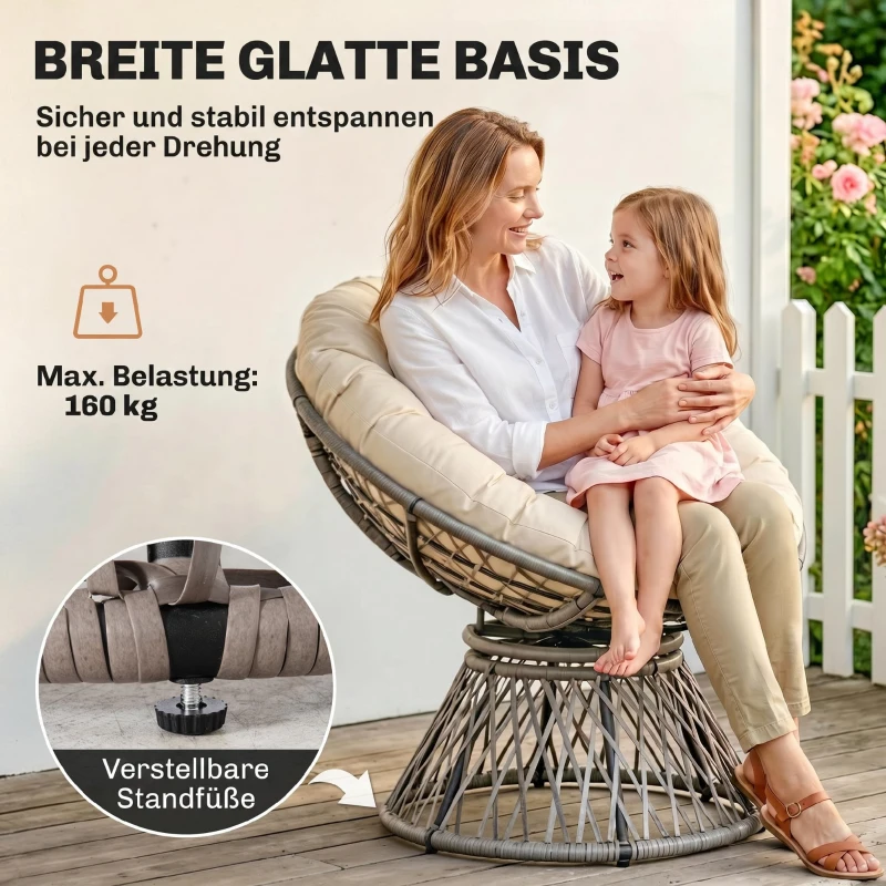 Outsunny Papasansessel, Korbsessel, Sitzkissen, Kunstrattan, drehbar, Metallrahmen, 87 x 97 x 86 cm, Beige