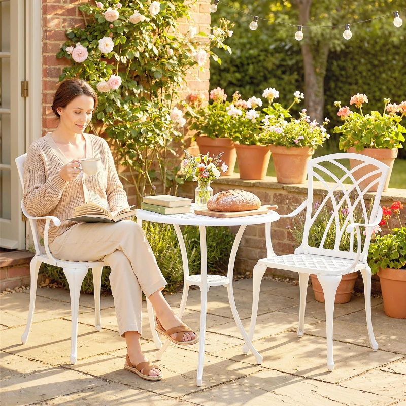 Outsunny 3 Pieces Garden Bistro Set, Cast Aluminium Outdoor Dining Set with 2 Chairs and Round Table with Parasol Hole, White