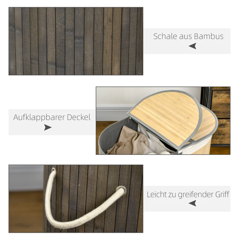 HOMCOM 100 L wasmand met deksel, handgreep, 2 vakken, uitneembare waszak, voor slaapkamer, bamboe Grijs+Natuur