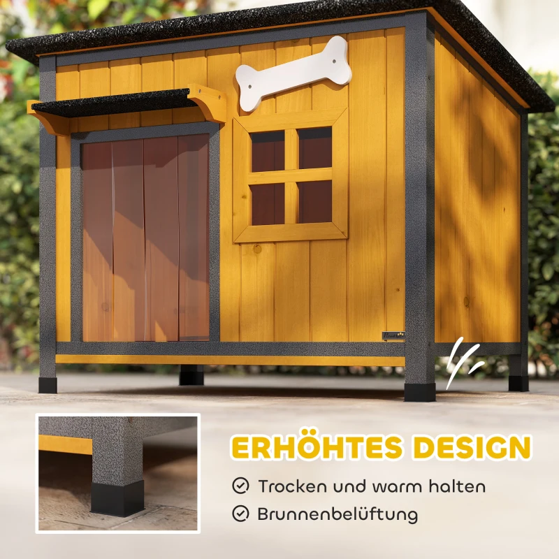 PawHut Hundehütte Holz Outdoor Hundehaus mit Asphalt-Dach zum Öffnen herausnehmbarem Boden Türvorhang Stahlrahmen 84,5x62x65cm