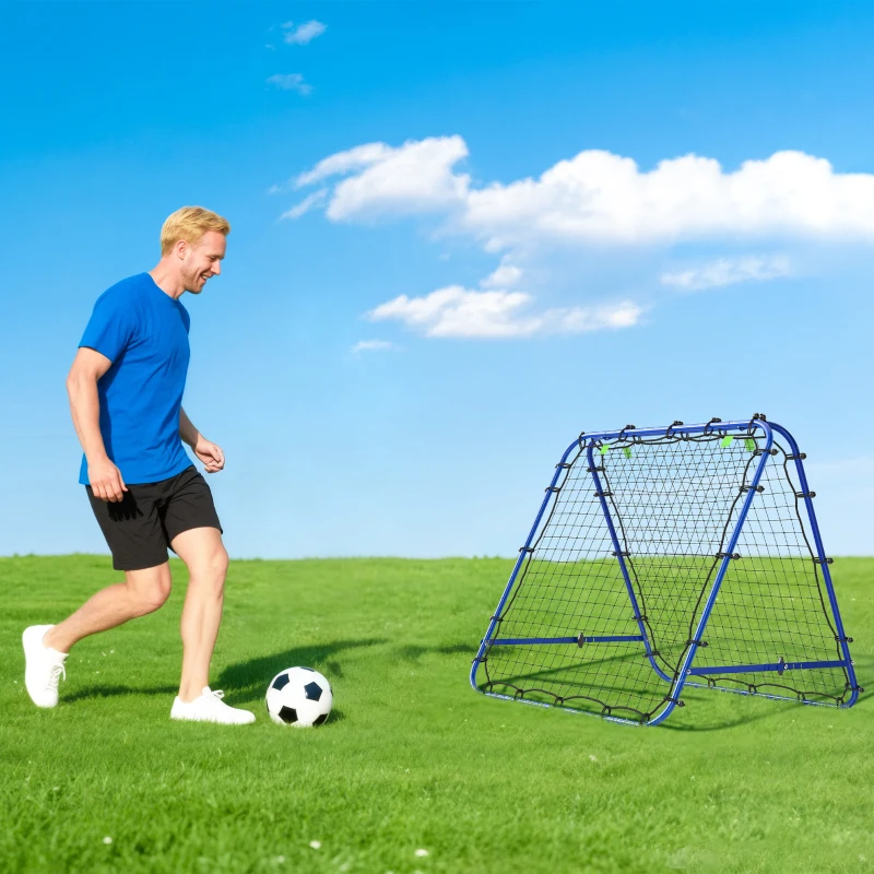 HOMCOM Filet de rebond double face 91 x 91 cm filet de rebond football pliable réglable dans 5 angles structure en acier bleu
