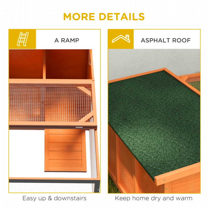 PawHut Rabbit Hutch Outdoor Guinea Pig Hutch with Run Small Animal Off-ground Duck House Hideaway Garden with Openable Roof 125.5 x 100 x 49cm Orange