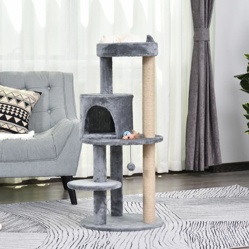 PawHut krabpaal kattengrot kattenhuis 4 verdiepingen met speelballen zitstok, sisalzuil en krabplank, groot, stevig, luxe, sisal pluche grijs 48 x 48 x 104 cm(m-2)