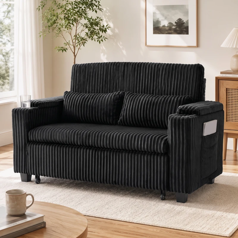 HOMCOM 2 Seater Sofa Bed, Pull Out Sleeper Sofa w/ Adjustable Backrest, Storage Armrests, Cup Holders, Side Pockets, Black