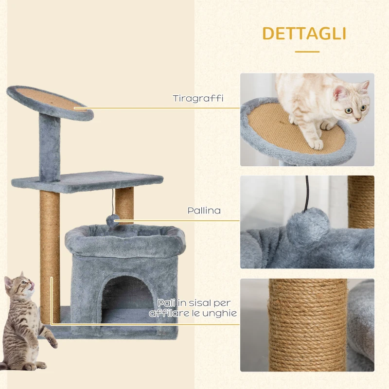 PawHut Tiragraffi per Gatti con Pali in Juta, Casetta e Cuscino, Rivestimento Peluche, Altezza 84cm, Grigio